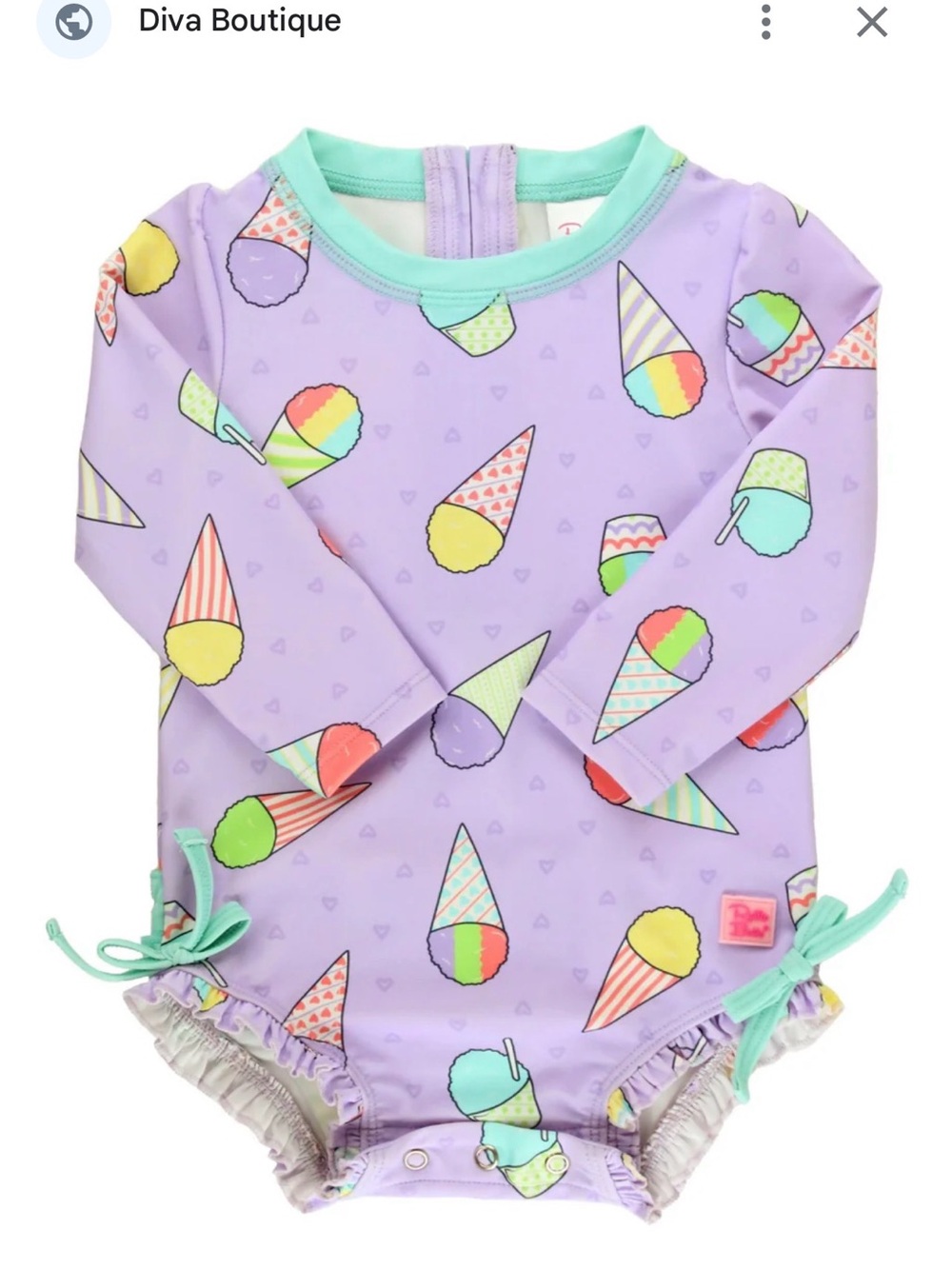Ruffle Butts Purple Ice Cream Print Long-Sleeve Rashguard with Mint Trim 2T